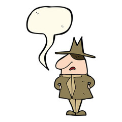 cartoon man in coat and hat with speech bubble