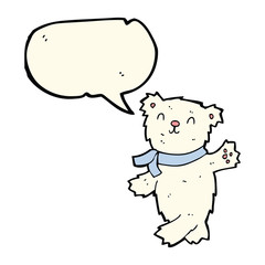 cartoon waving teddy polar bear with speech bubble