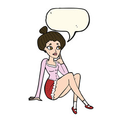 cartoon attractive woman sitting thinking with speech bubble