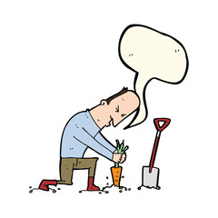 cartoon gardener with speech bubble
