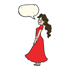cartoon pretty woman in dress with speech bubble