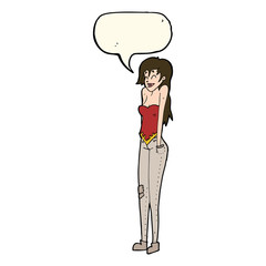 cartoon pretty woman shrugging shoulders with speech bubble