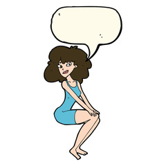 cartoon sitting woman in dress with speech bubble