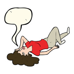cartoon woman lying on floor with speech bubble