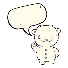 cartoon waving polar bear with speech bubble