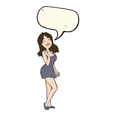 cartoon pretty woman in cocktail dress with speech bubble