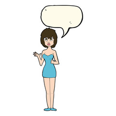 cartoon confused woman in cocktail dress with speech bubble