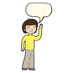 cartoon friendly boy waving with speech bubble