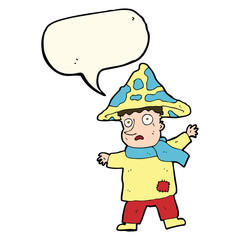 cartoon magical mushroom man with speech bubble