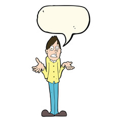 cartoon man shrugging shoulders with speech bubble