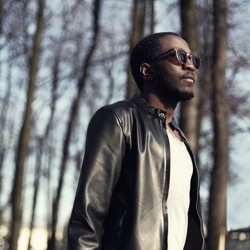 Fashion Portrait Of Handsome African Man In Black Leather Jacket