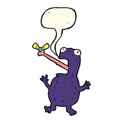 cartoon poisonous frog catching fly with speech bubble