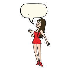 cartoon woman in pink dress with speech bubble