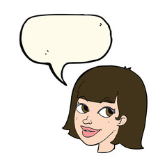cartoon happy female face with speech bubble