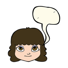 cartoon happy female face with speech bubble