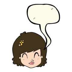 cartoon happy female face with speech bubble