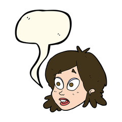 cartoon female face with surprised expression with speech bubble