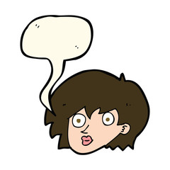 cartoon surprised female face with speech bubble