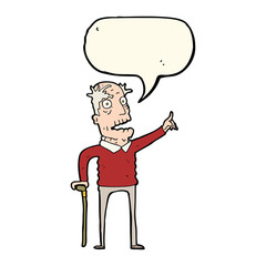 cartoon old man with walking stick with speech bubble