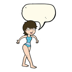 cartoon happy woman in swimming costume with speech bubble