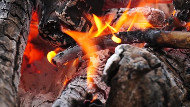 Ashes and flame on burning log in a fire