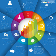 Financial and Business Infographic/Diagram with 9 Options, Graph/Chart Going Up, Business Icon and Text Information on Blue Background. Workflow/Element Layout Design. Vector Illustration.