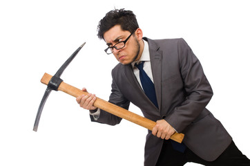 Young businessman holding a tool isolated on white
