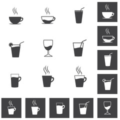 Simple Drinks and Beverages Icon Set. Coffee Cups, Glass and Glassware Icons, Vector Illustration