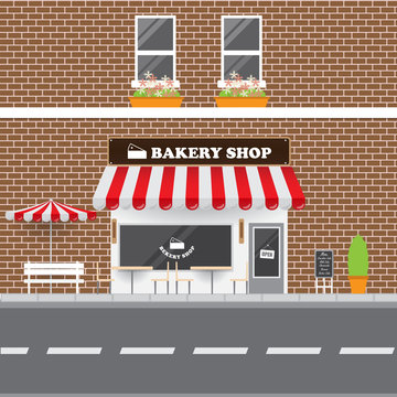Bakery Shop Facade with Street Landscape. Brick Building Retro Style Facade  Vector Illustration.