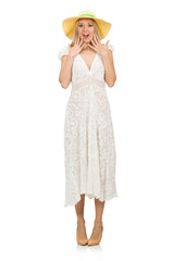 Woman in long summer dress and hat isolated on white