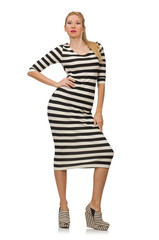 Young woman in long striped dress isolated on white