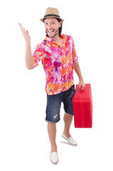 Tourist with suitcase isolated on white