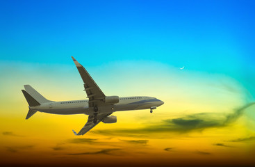 Naklejka na ściany i meble Commercial airplane flying at sunset