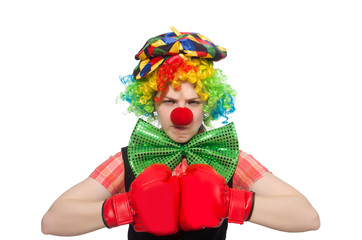 Female clown with box gloves  isolated on white