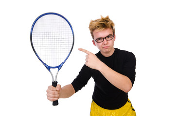 Obraz na płótnie Canvas Funny tennis player isolated on white
