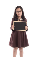 Little asian girl in student uniform holding blackboard