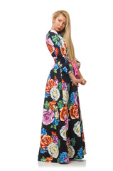 Girl in long flower dress isolated on white