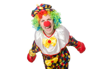 Clown with boxing gloves isolated on white