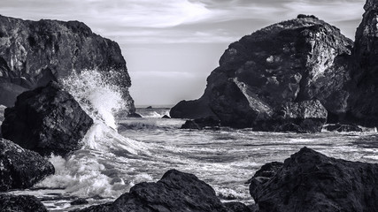 Waves Crashing on a Rocky Coast, Black and White