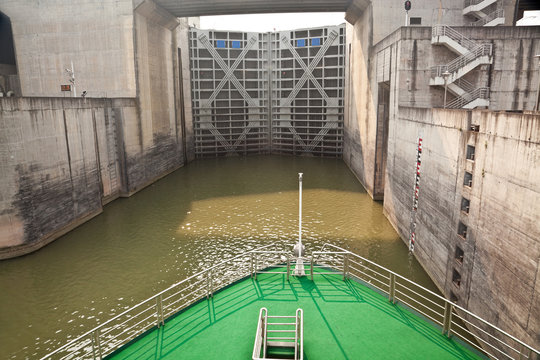 Ship entering the first lock of Three Gorges Dam