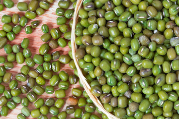 mung beans on wood background