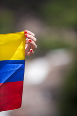 The Venezuelan flag in the woman hands. at Angel Fall, Venezuela
