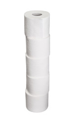 tower pile rolls of toilet paper isolated on white background