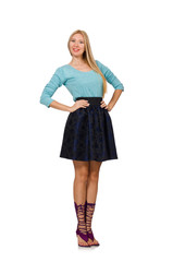 Blond hair girl in dark blue skirt isolated on white