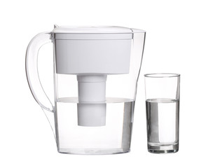 water filter jug with glass of clean water isolated on white bac