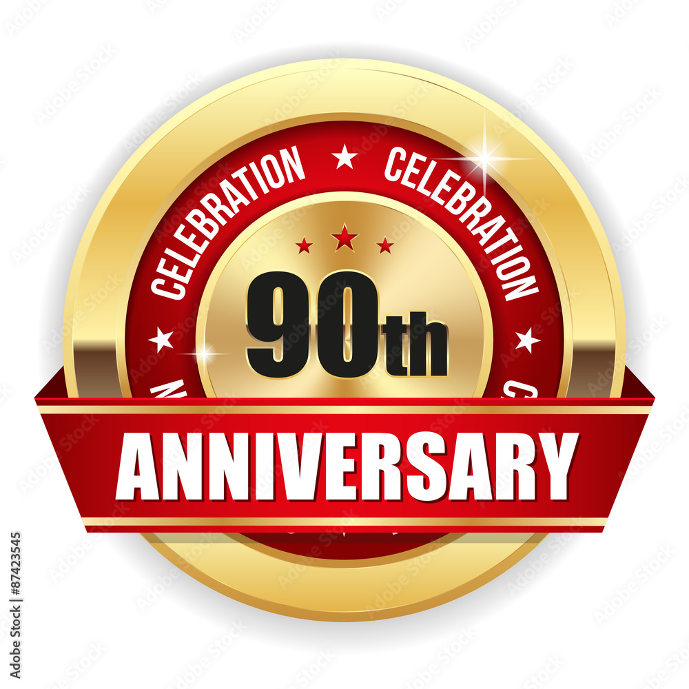 Wall mural Red 90th anniversary badge with gold border and ribbon