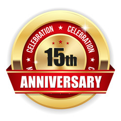 Red 15th anniversary badge with gold border and ribbon