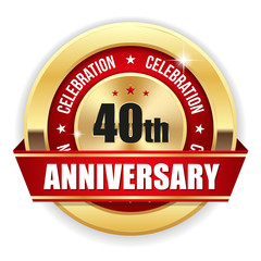 Red 40th anniversary badge with gold border and ribbon