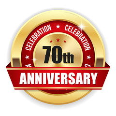 Red 70th anniversary badge with gold border and ribbon