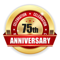 Red 75th anniversary badge with gold border and ribbon